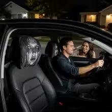 Scary ghost face headrest cover installed in a car