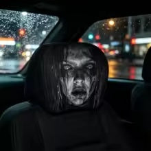 Halloween ghost face headrest cover on a car seat at night