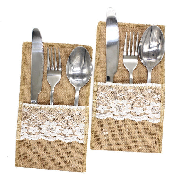 Burlap Linen lace Cutlery Pouch for Rustic Wedding and other Events